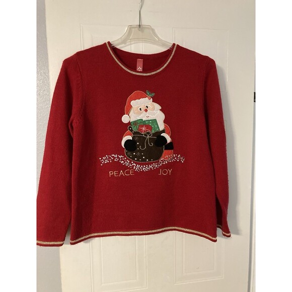 CHRISTMAS SWEATER Party Festive Santa Peace & Joy Red Sequined M 8-10 Holiday - Picture 2 of 10